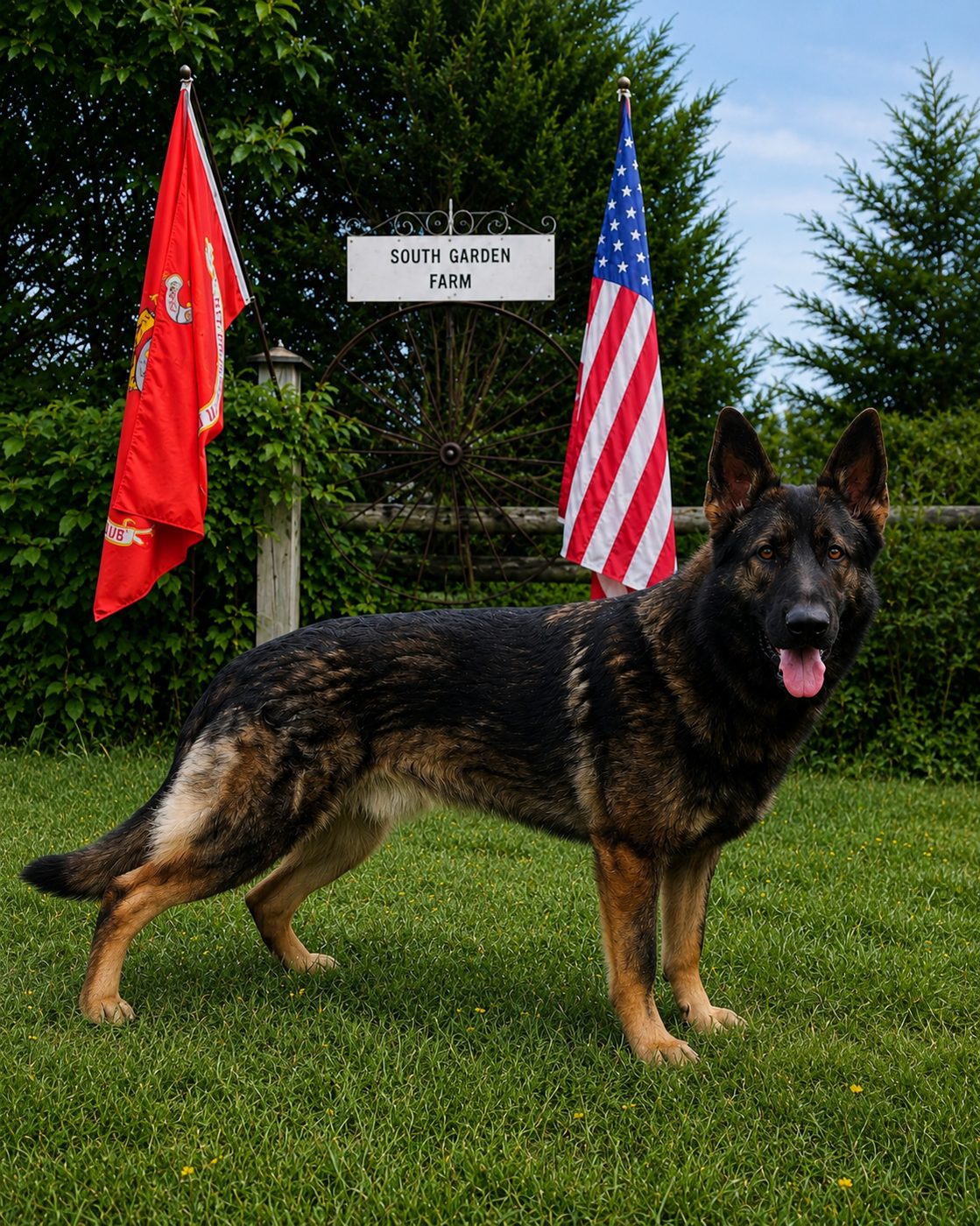 A trained German Shepherd standing on the lawn at South Garden Farm