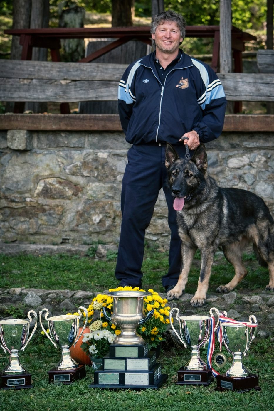 Kevin A. Lanouette standing with a German Shepherd beside a row of competition trophies